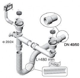 lož za sudoper DVODIJELNI SIFON (FI 70-70) s fleksibilnom cijevi i priključkom za perilicu